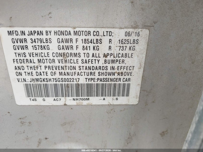 2016 Honda Fit VIN JHMGK5H75GS002217 IAAI salvage auction — FRONT END, Salvage Title, sold $1,775 on 2026-07-21 (photo 9)