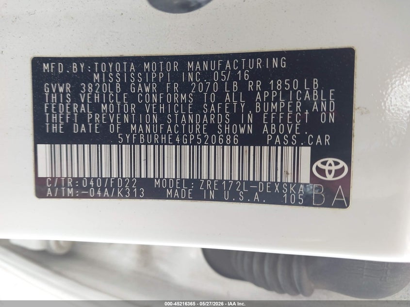 2016 Toyota Corolla VIN 5YFBURHE4GP520686 IAAI salvage auction — REAR END, Salvage Title, sold $1,550 on 2026-07-15 (photo 9)