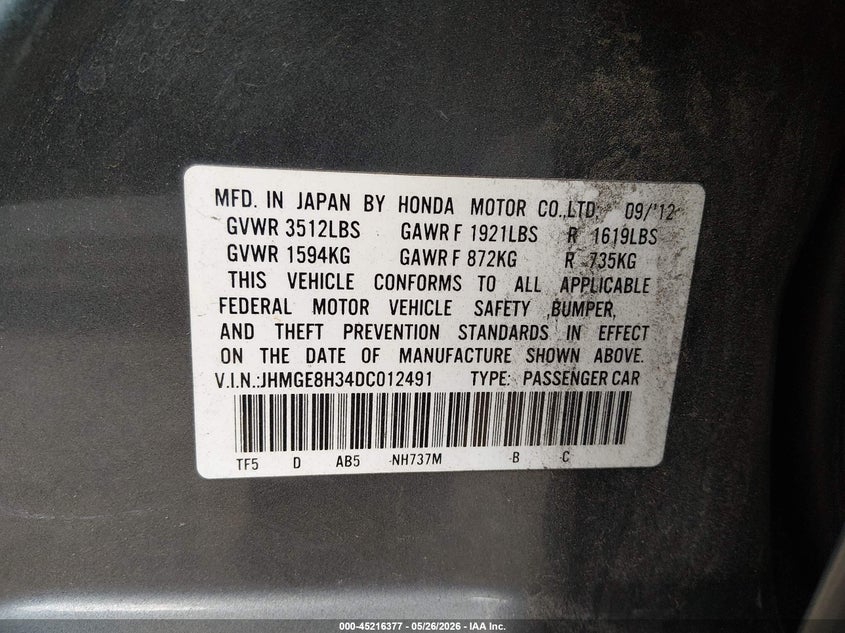 2013 Honda Fit VIN JHMGE8H34DC012491 IAAI salvage auction — NORMAL WEAR, Clear (Pennsylvania), sold $1,325 on 2026-07-29 (photo 9)