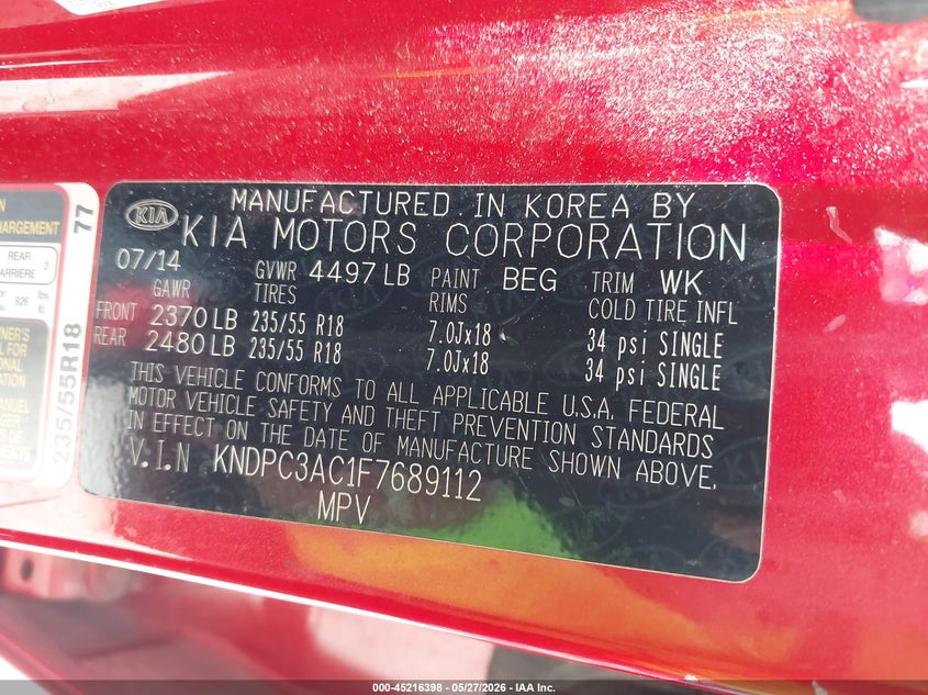 2015 Kia Sportage VIN KNDPC3AC1F7689112 IAAI salvage auction — FRONT END, Salvage Title, sold $2,800 on 2026-07-20 (photo 9)