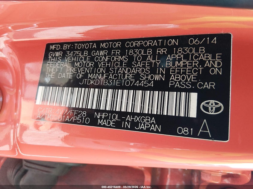 2014 Toyota Prius c VIN JTDKDTB31E1074454 IAAI salvage auction — FRONT END, Salvage Title, sold $650 on 2026-07-14 (photo 9)