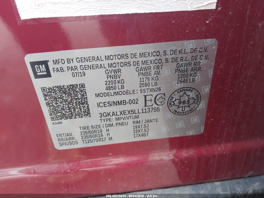 2020 Gmc Terrain VIN 3GKALXEX5LL113755 IAAI salvage auction — FRONT END, Salvage Title, sold $5,300 on 2026-07-28 (photo 9)
