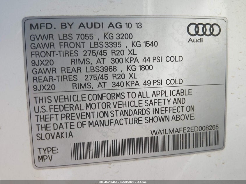 2014 Audi Q7 VIN WA1LMAFE2ED008265 IAAI salvage auction — RIGHT SIDE, Salvage (Texas), sold $525 on 2026-07-28 (photo 9)