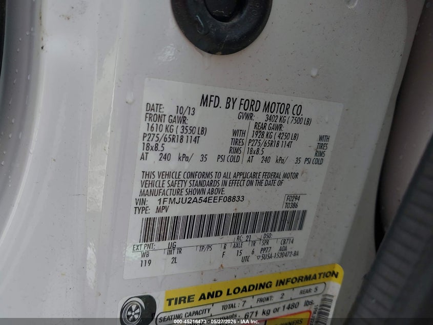 2014 Ford Expedition VIN 1FMJU2A54EEF08833 IAAI salvage auction — REAR END, Salvage Title, sold $275 on 2026-07-22 (photo 9)
