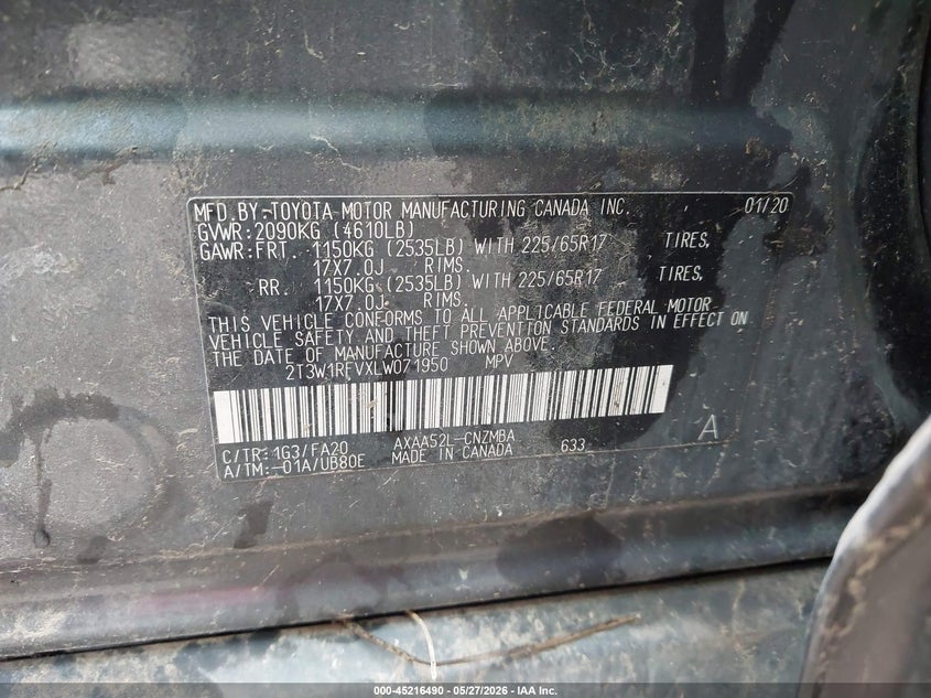 2020 Toyota Rav 4 VIN 2T3W1RFVXLW071950 IAAI salvage auction — FRONT END, Salvage (Texas), sold $2,700 on 2026-07-27 (photo 9)