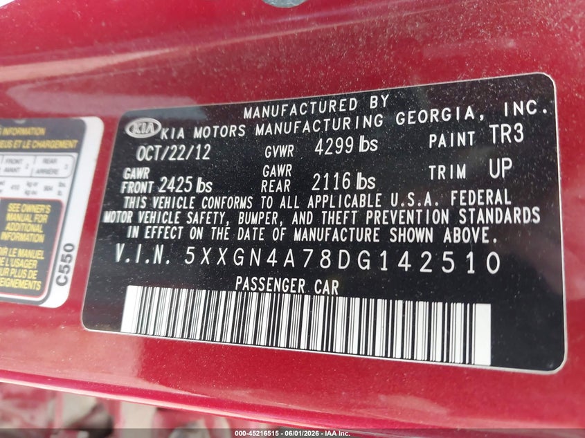 2013 Kia Optima VIN 5XXGN4A78DG142510 IAAI salvage auction — FRONT END, Salvage Title, sold $375 on 2026-07-15 (photo 9)