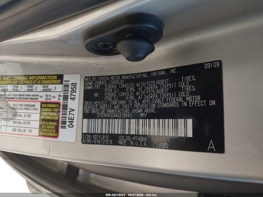 2010 Toyota Sienna VIN 5TDYK4CC4AS318843 IAAI salvage auction — FRONT END, Salvage (California), sold $1,150 on 2026-07-09 (photo 9)