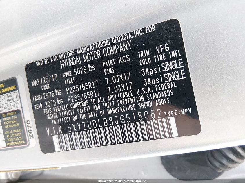2018 Hyundai Santa fe VIN 5XYZUDLB8JG518062 IAAI salvage auction — RIGHT SIDE, Salvage (New Jersey), sold $25 on 2026-07-29 (photo 9)