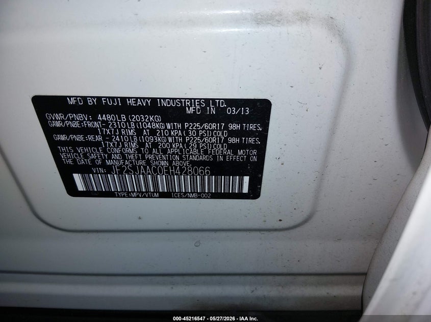2014 Subaru Forester VIN JF2SJAAC0EH428066 IAAI salvage auction — LEFT FRONT, Salvage Title, sold $1,750 on 2026-07-30 (photo 9)