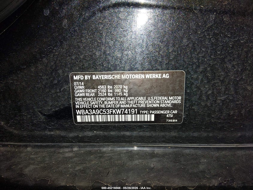 2015 BMW 3er VIN WBA3A9C53FKW74191 IAAI salvage auction — FRONT END, Salvage (Oregon), sold $6,400 on 2026-08-07 (photo 9)