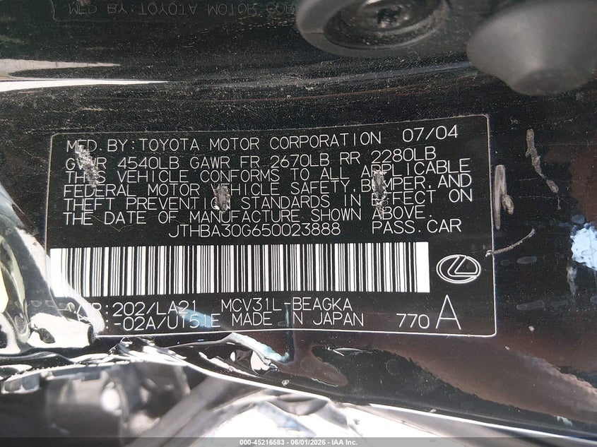 2005 Lexus ES VIN JTHBA30G650023888 IAAI salvage auction — LEFT SIDE, Salvage (Utah), sold $400 on 2026-07-09 (photo 9)