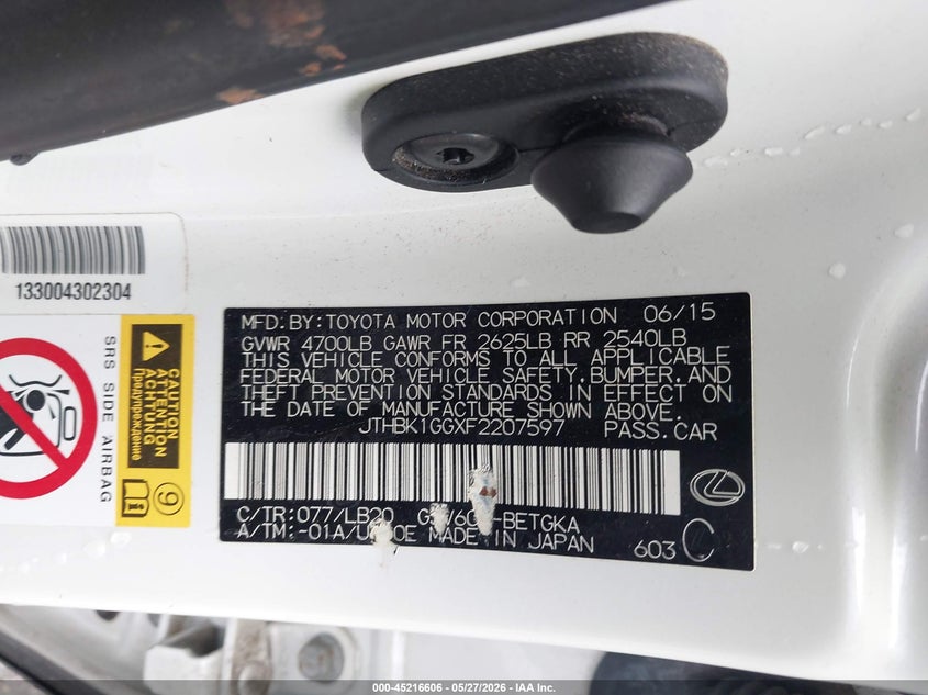 2015 Lexus ES VIN JTHBK1GGXF2207597 IAAI salvage auction — FRONT END, Salvage (Texas), sold $3,100 on 2026-07-29 (photo 9)