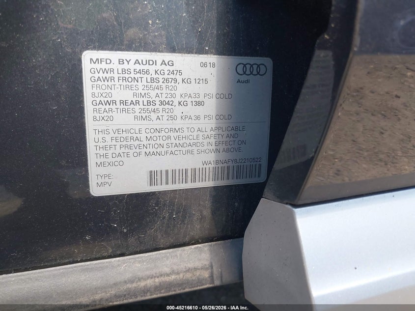 2018 Audi Q5 VIN WA1BNAFY8J2210522 IAAI salvage auction — RIGHT SIDE, Salvage (Massachusetts), sold $6,200 on 2026-07-24 (photo 9)