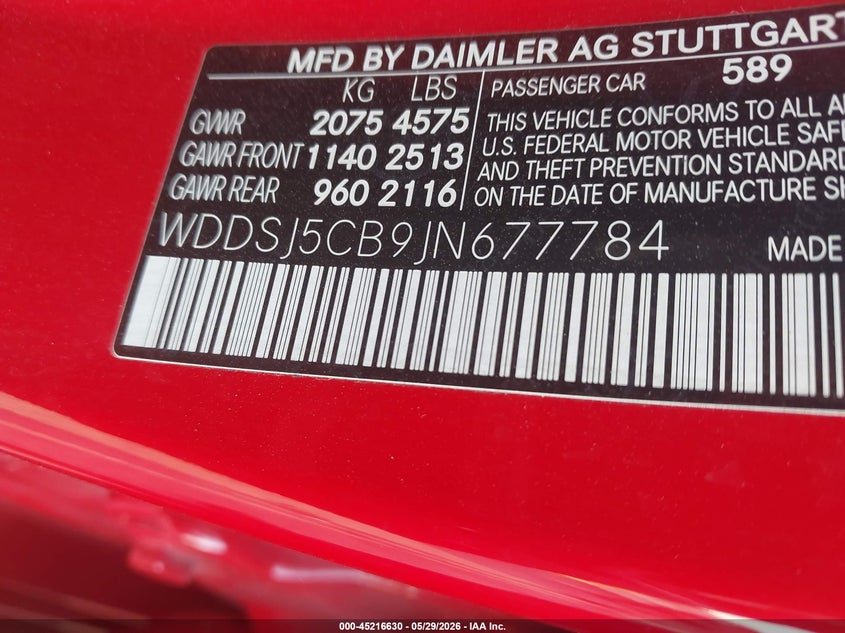 2018 Mercedes-benz VIN WDDSJ5CB9JN677784 IAAI salvage auction — REAR END, Salvage (Texas), sold $25 on 2026-07-21 (photo 9)