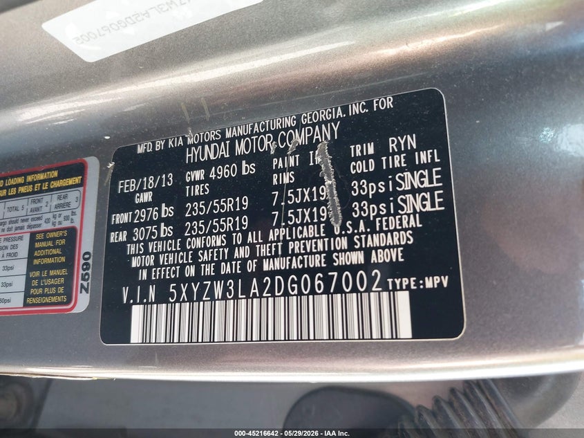 2013 Hyundai Santa fe VIN 5XYZW3LA2DG067002 IAAI salvage auction — REAR END, Prior Salvage (Minnesota), sold $1,500 on 2026-07-27 (photo 9)