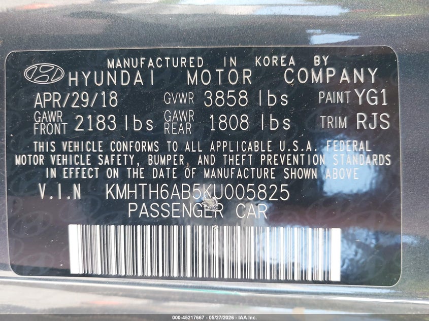 2019 Hyundai Veloster VIN KMHTH6AB5KU005825 IAAI salvage auction — BIO HAZARD, Salvage (Michigan), sold $575 on 2026-07-27 (photo 9)