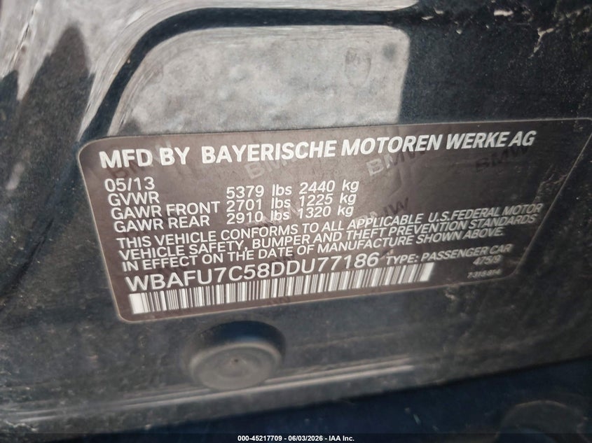 2013 BMW 5 series VIN WBAFU7C58DDU77186 IAAI salvage auction — FRONT END, Clear (Indiana), sold $1,050 on 2026-07-22 (photo 9)