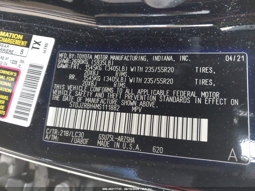 2021 Toyota Highlander VIN 5TDJZRBH4MS111882 IAAI salvage auction — THEFT, Salvage Title, sold $14,200 on 2026-07-25 (photo 9)