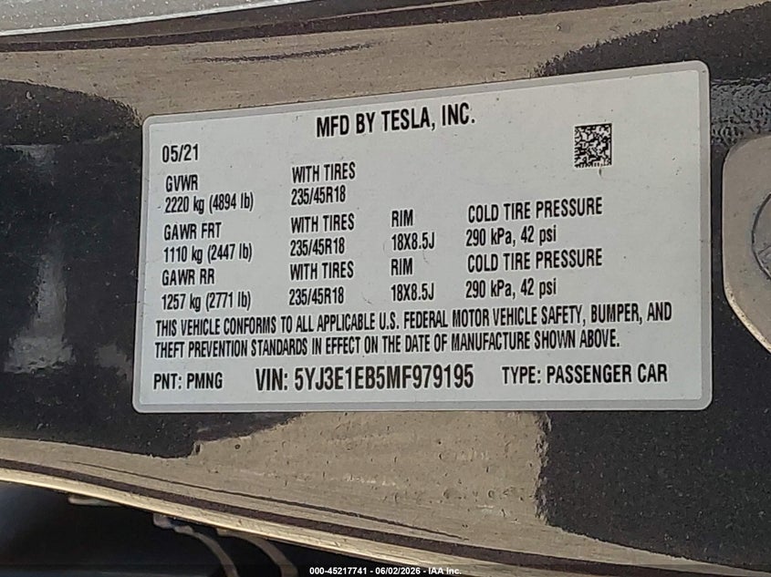 2021 Tesla Model 3 VIN 5YJ3E1EB5MF979195 IAAI salvage auction — RIGHT SIDE, Mv-907A (New York), sold $3,350 on 2026-07-11 (photo 9)