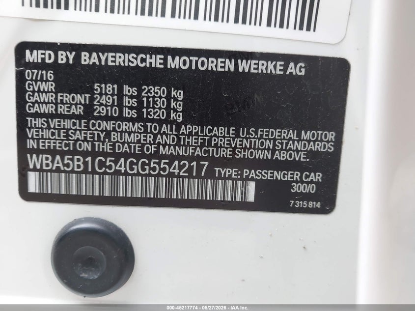 2016 BMW 5er VIN WBA5B1C54GG554217 IAAI salvage auction — FRONT END, Salvage Title, sold $2,050 on 2026-07-21 (photo 9)