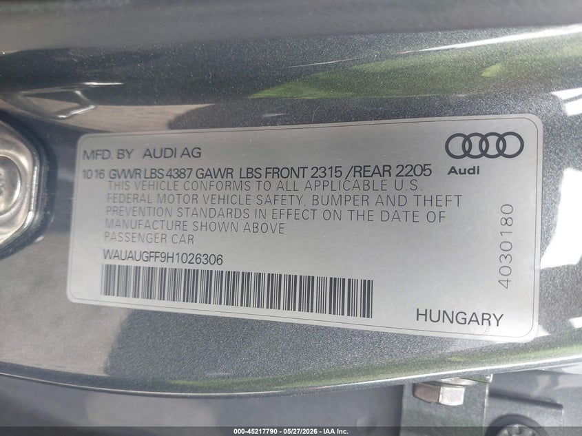 2017 Audi A3 VIN WAUAUGFF9H1026306 IAAI salvage auction — LEFT SIDE, Salvage Title, sold $3,500 on 2026-07-14 (photo 9)