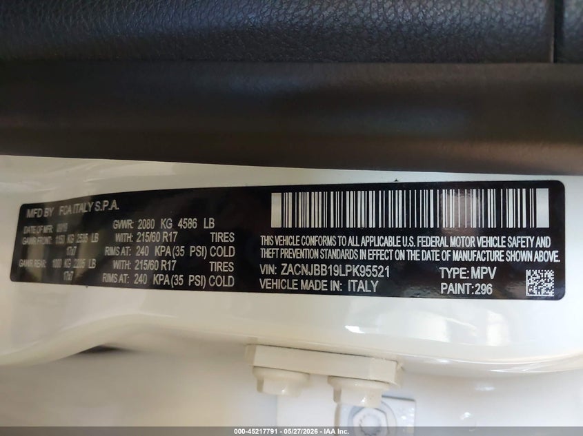 2020 Jeep Renegade VIN ZACNJBB19LPK95521 IAAI salvage auction — NORMAL WEAR, Salvage (Michigan), sold $1,325 on 2026-07-07 (photo 9)