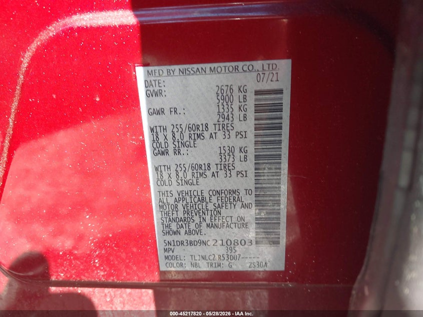 2022 Nissan Pathfinder VIN 5N1DR3BD9NC210803 IAAI salvage auction — FRONT END, Salvage Title, sold $7,700 on 2026-07-22 (photo 9)