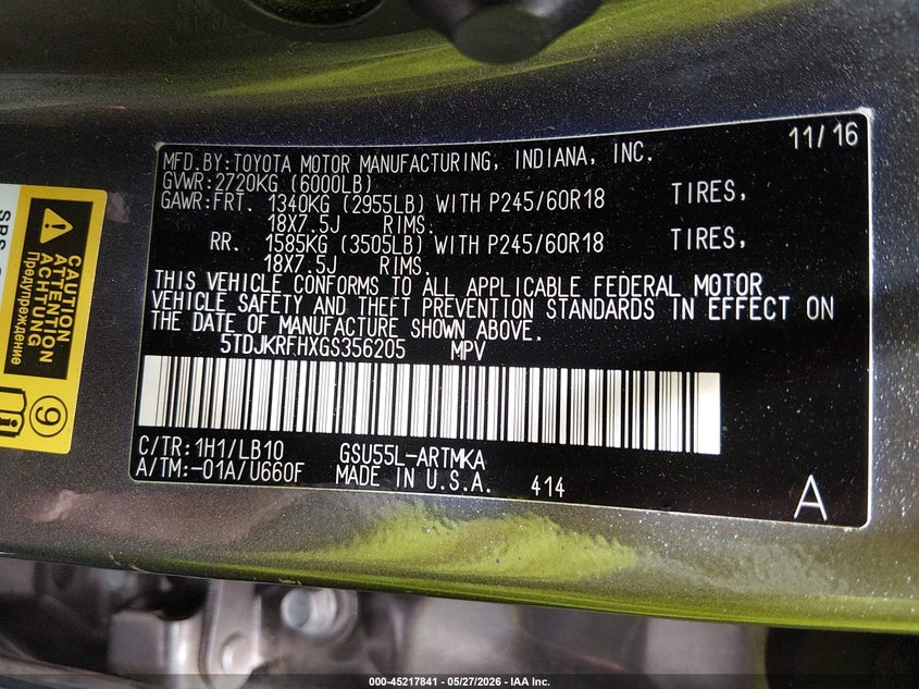 2016 Toyota Highlander VIN 5TDJKRFHXGS356205 IAAI salvage auction — ROLLOVER, Salvage (Georgia), sold $3,000 on 2026-07-17 (photo 9)