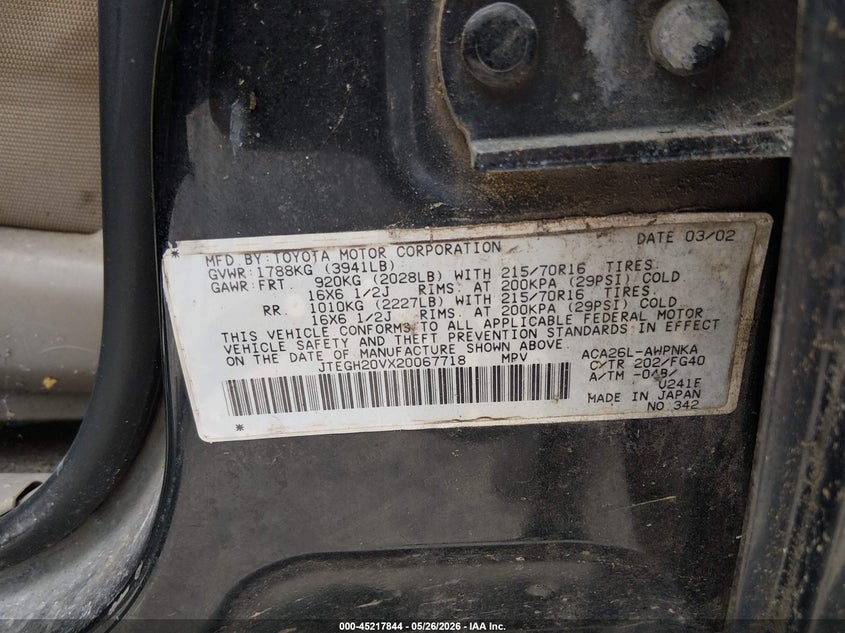 2002 Toyota Rav4 VIN JTEGH20VX20067718 IAAI salvage auction — NORMAL WEAR, Clear (South Carolina), sold $725 on 2026-07-14 (photo 9)