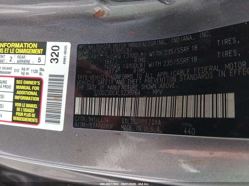 2020 Toyota Sienna VIN 5TDDZ3DCXLS239764 IAAI salvage auction — WATER/FLOOD, Original (Kentucky), sold $4,650 on 2026-07-27 (photo 9)