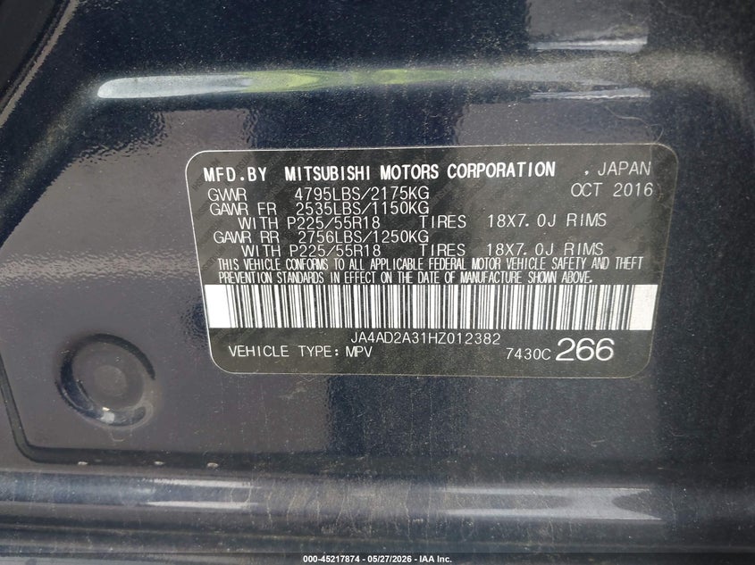 2017 Mitsubishi Outlander VIN JA4AD2A31HZ012382 IAAI salvage auction — FRONT END, Salvage (North Carolina), sold $1,750 on 2026-07-08 (photo 9)