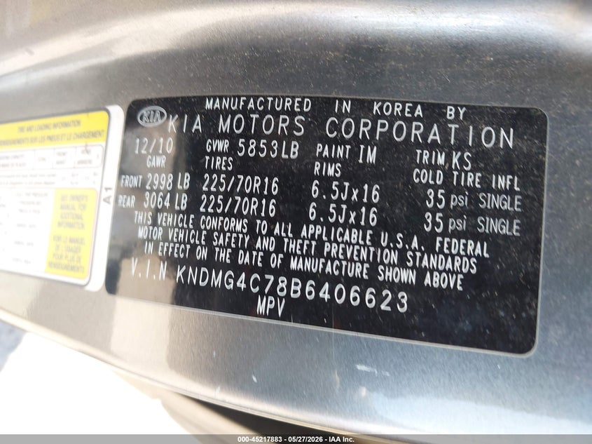 2011 Kia SEDONA VIN KNDMG4C78B6406623 IAAI salvage auction — FRONT END, Mv-907A (New York), sold $450 on 2026-07-07 (photo 9)