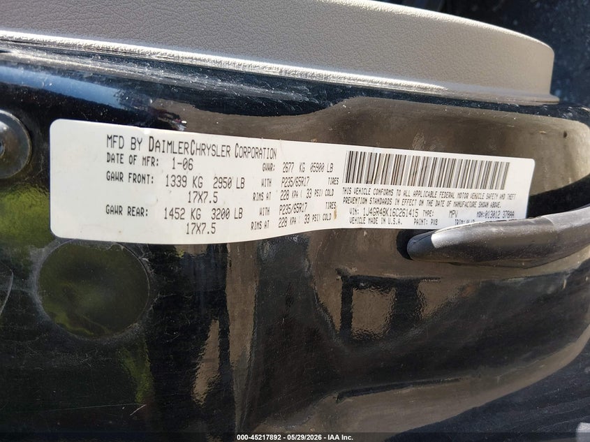 2006 Jeep Grand cherokee VIN 1J4GR48K16C261415 IAAI salvage auction — UNDERCARRIAGE, Salvage - Greater Than 75% (Maryland), sold $300 on 2026-07-09 (photo 9)