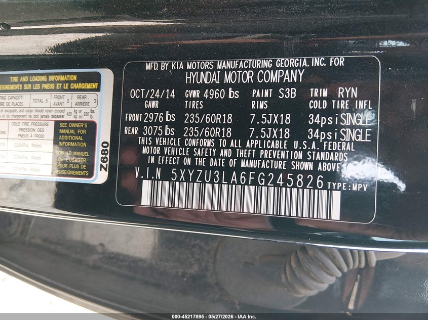 2015 Hyundai Santa fe VIN 5XYZU3LA6FG245826 IAAI salvage auction — FRONT END, Salvage Title, sold $1,200 on 2026-07-15 (photo 9)