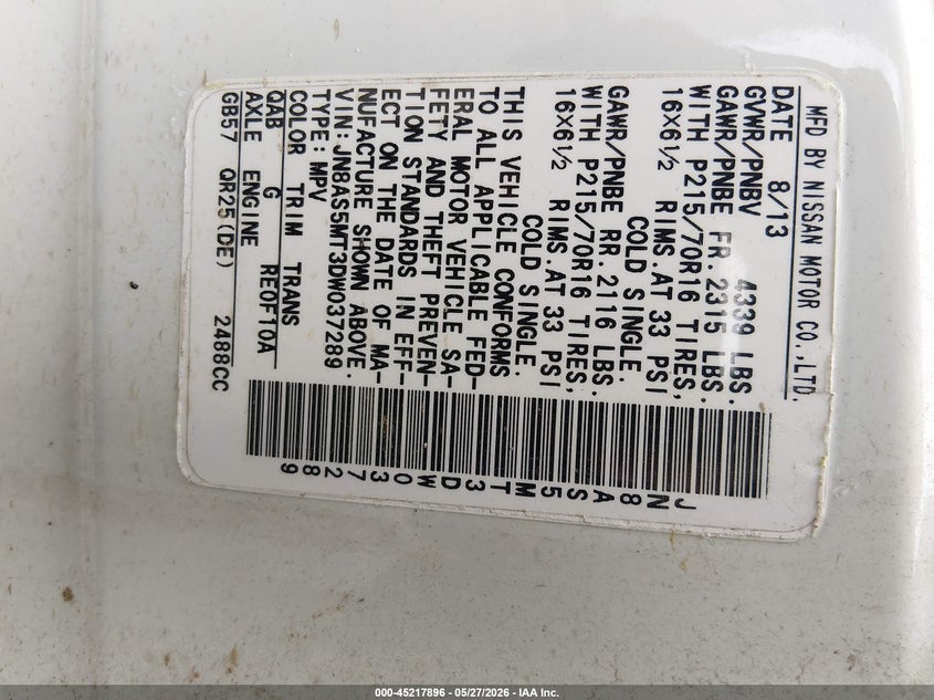 2013 Nissan Rogue VIN JN8AS5MT3DW037289 IAAI salvage auction — RIGHT SIDE, Salvage (Arkansas), sold $650 on 2026-07-08 (photo 9)