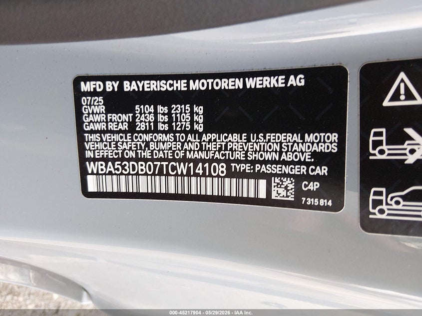 2026 BMW 4er VIN WBA53DB07TCW14108 IAAI salvage auction — REAR END, Salvage Title, sold $38,150 on 2026-07-13 (photo 9)