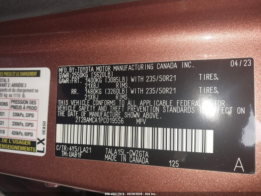 2023 Lexus Rx VIN 2T2BAMCA1PC019556 IAAI salvage auction — FRONT END, Salvage Title, sold $24,650 on 2026-07-27 (photo 9)