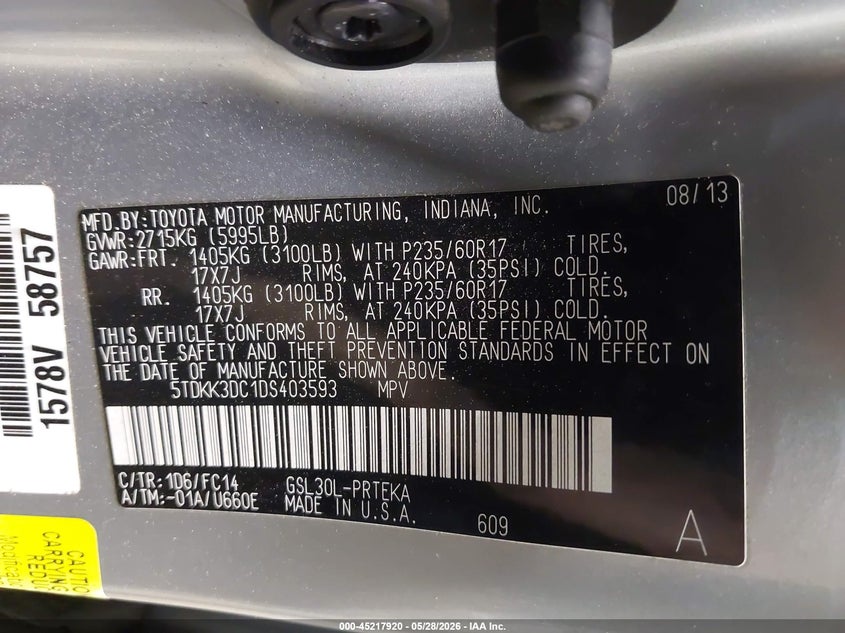 2013 Toyota Sienna VIN 5TDKK3DC1DS403593 IAAI salvage auction — FRONT END, Salvage Title, sold $2,200 on 2026-07-16 (photo 9)