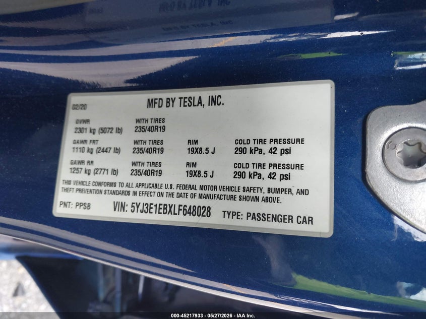 2020 Tesla Model 3 VIN 5YJ3E1EBXLF648028 IAAI salvage auction — RIGHT SIDE, Salvage Title, sold $4,750 on 2026-07-06 (photo 9)