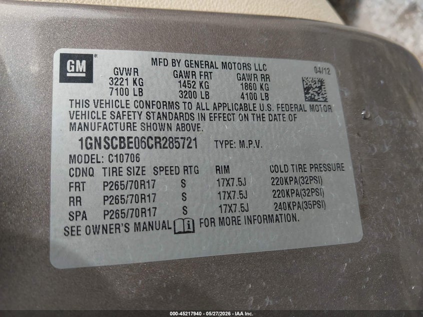 2012 Chevrolet Tahoe VIN 1GNSCBE06CR285721 IAAI salvage auction — RIGHT FRONT, Salvage Title, sold $2,025 on 2026-07-22 (photo 9)