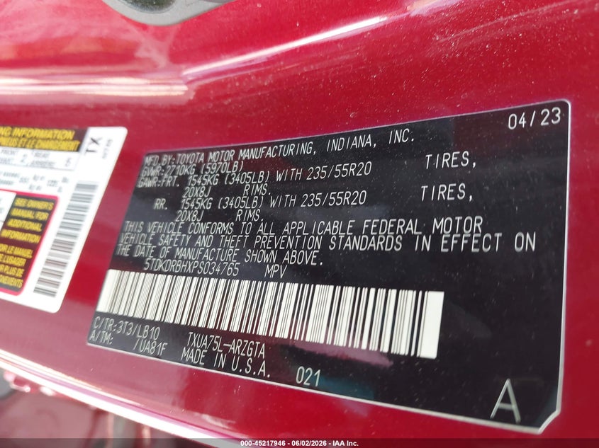 2023 Toyota Highlander VIN 5TDKDRBHXPS034765 IAAI salvage auction — REAR END, Salvage Title, sold $18,450 on 2026-07-28 (photo 9)