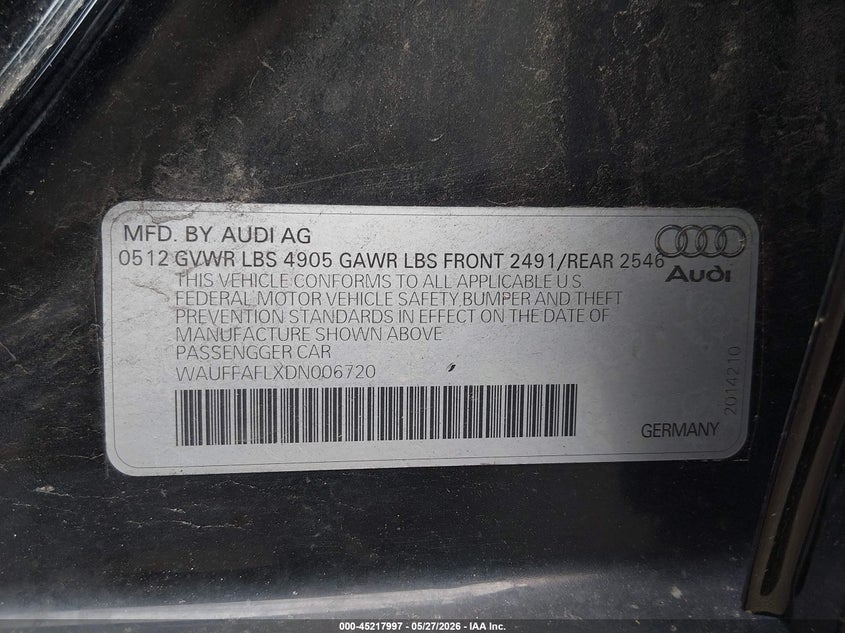 2013 Audi A4 VIN WAUFFAFLXDN006720 IAAI salvage auction — FRONT END, Salvage Title, sold $975 on 2026-07-09 (photo 9)