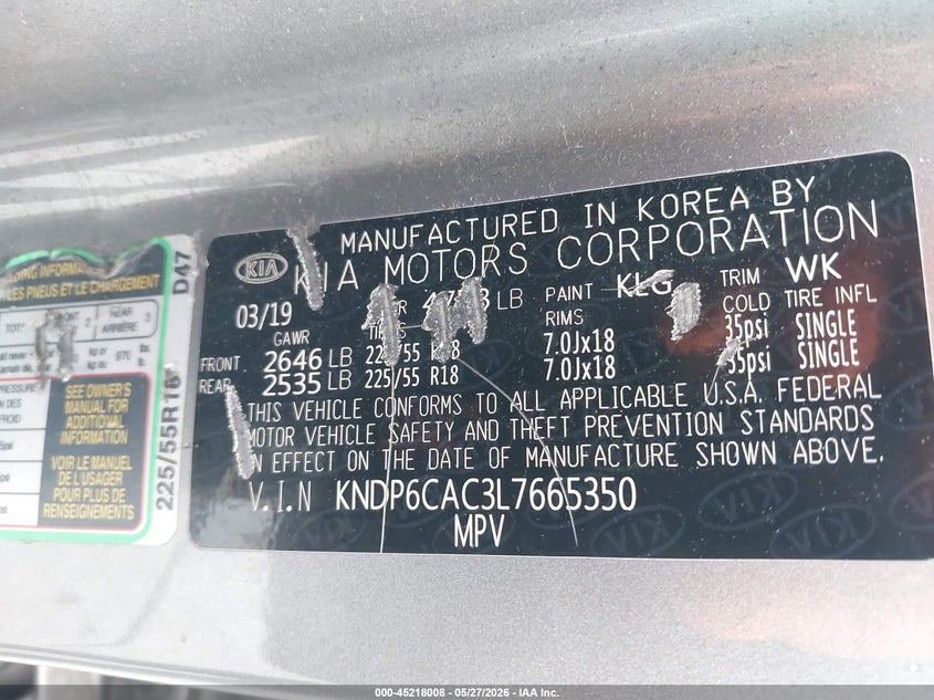 2020 Kia Sportage VIN KNDP6CAC3L7665350 IAAI salvage auction — REAR END, Salvage Title, sold $3,350 on 2026-07-24 (photo 9)