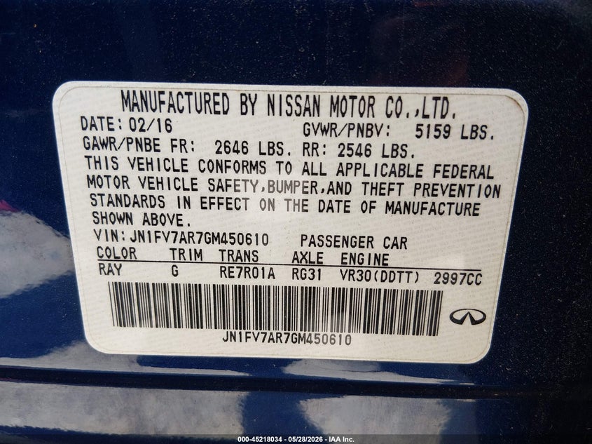 2016 Infiniti Q50 VIN JN1FV7AR7GM450610 IAAI salvage auction — ROOF, Salvage Title, sold $1,550 on 2026-07-24 (photo 9)