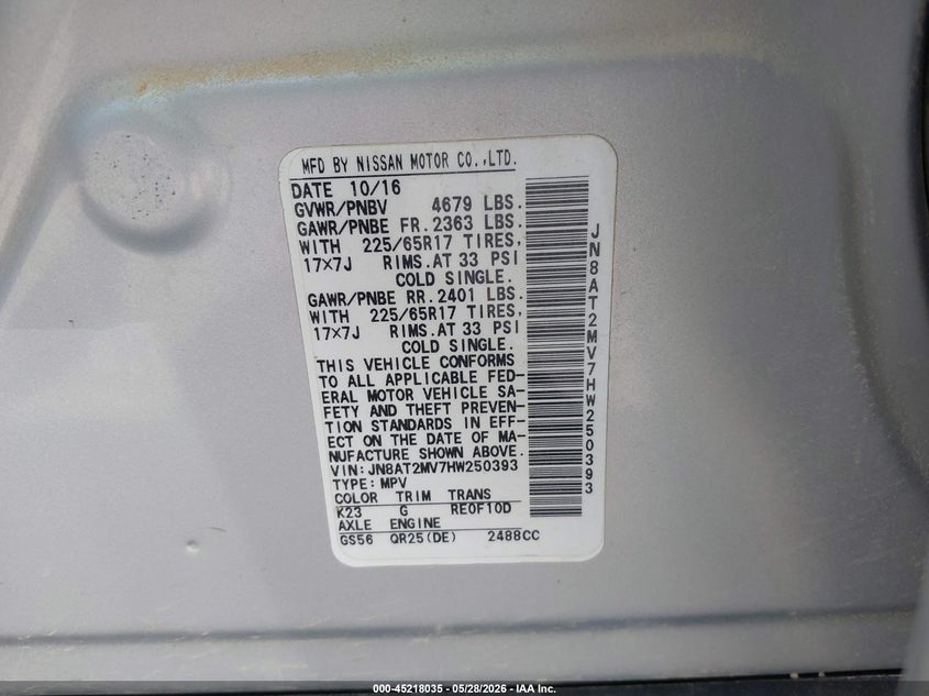 2017 Nissan Rogue VIN JN8AT2MV7HW250393 IAAI salvage auction — RIGHT FRONT, Salvage (Minnesota), sold $2,400 on 2026-07-27 (photo 9)