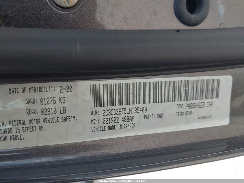 2020 Dodge Challenger VIN 2C3CDZBT5LH139400 IAAI salvage auction — WATER/FLOOD, Salvage (Texas), sold $8,900 on 2026-07-30 (photo 9)