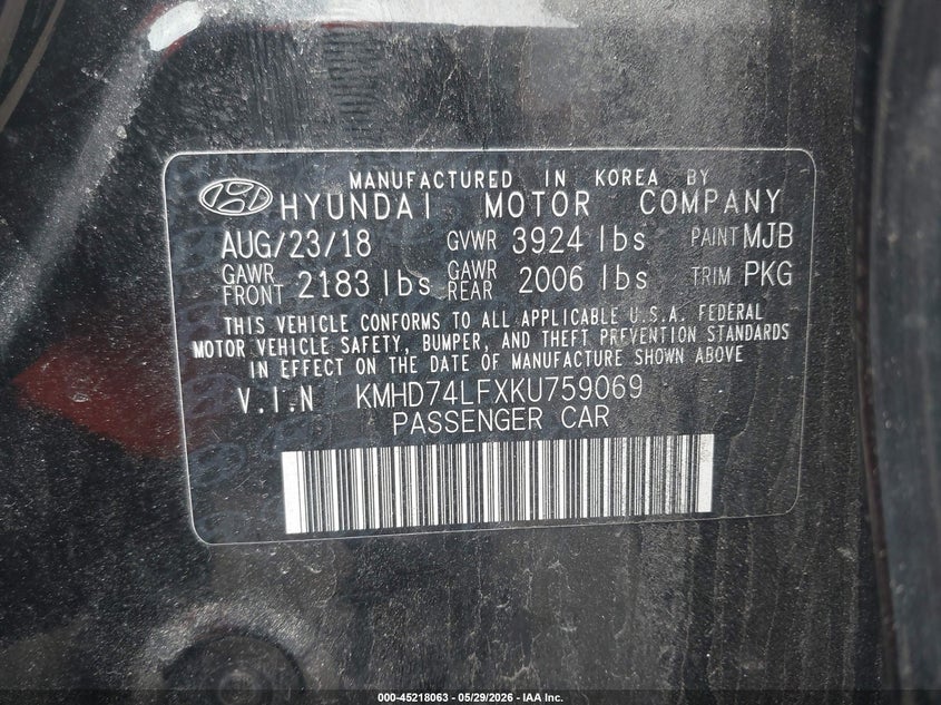 2019 Hyundai Elantra VIN KMHD74LFXKU759069 IAAI salvage auction — FRONT END, Salvage Title, sold $1,550 on 2026-07-10 (photo 9)