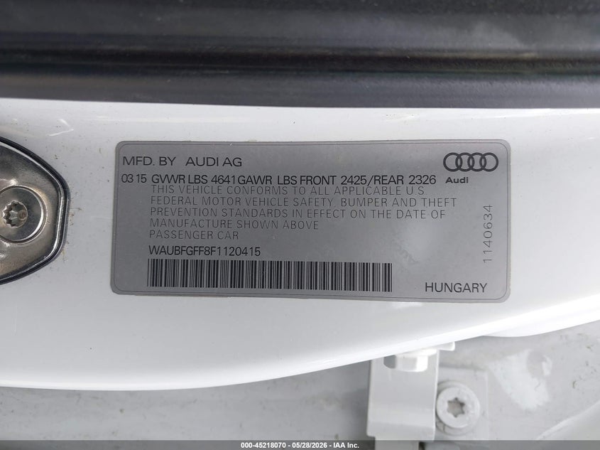 2015 Audi S3 VIN WAUBFGFF8F1120415 IAAI salvage auction — FRONT END, Salvage Title, sold $2,550 on 2026-07-29 (photo 9)