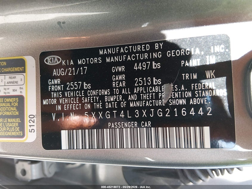 2018 Kia Optima VIN 5XXGT4L3XJG216442 IAAI salvage auction — REAR END, Salvage (Pennsylvania), sold $1,000 on 2026-07-28 (photo 9)