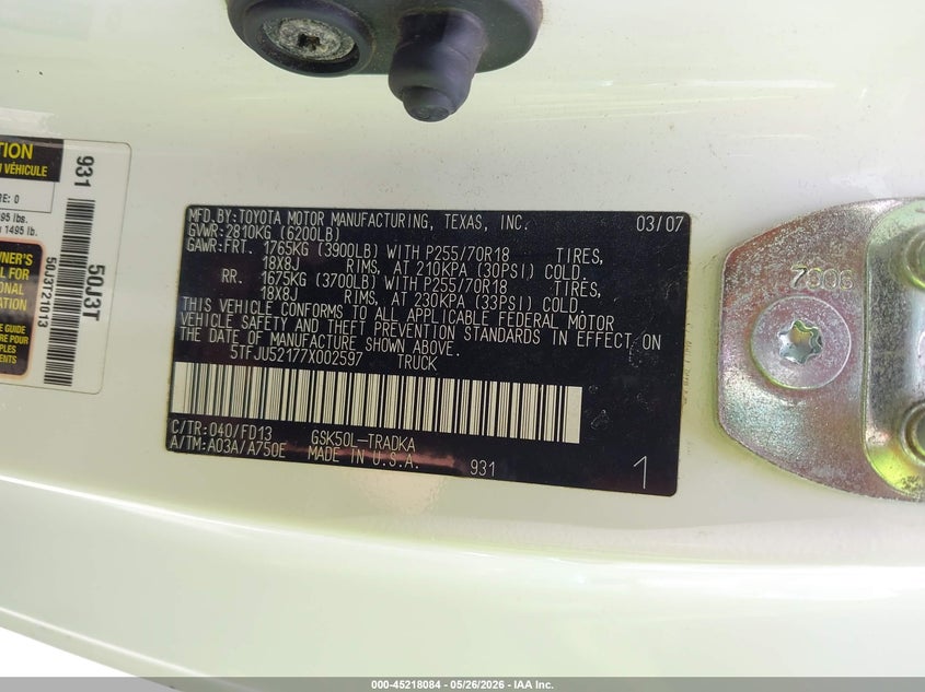 2007 Toyota Tundra VIN 5TFJU52177X002597 IAAI salvage auction — NORMAL WEAR, Original (Texas), sold $3,650 on 2026-07-13 (photo 9)